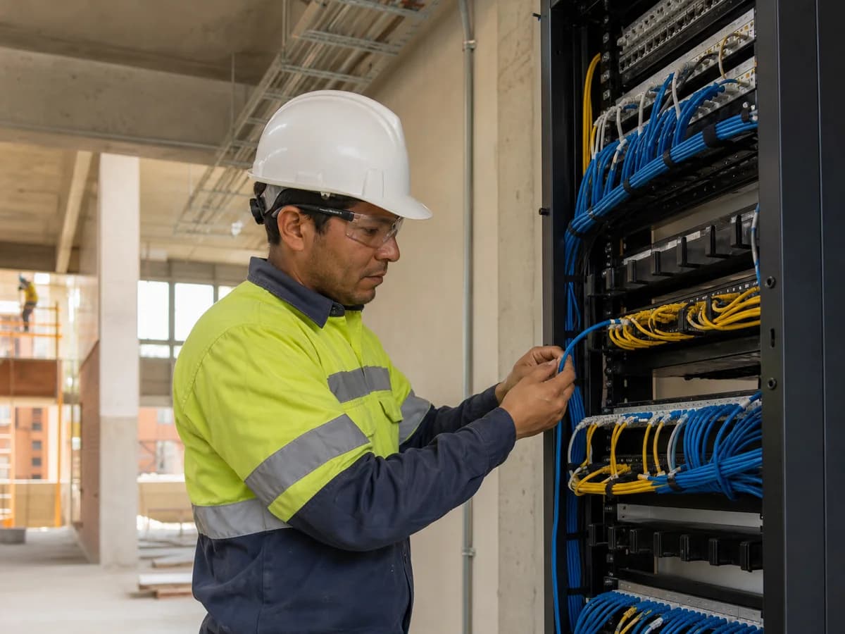 Técnico instala cableado estructurado en un edificio institucional en construcción.