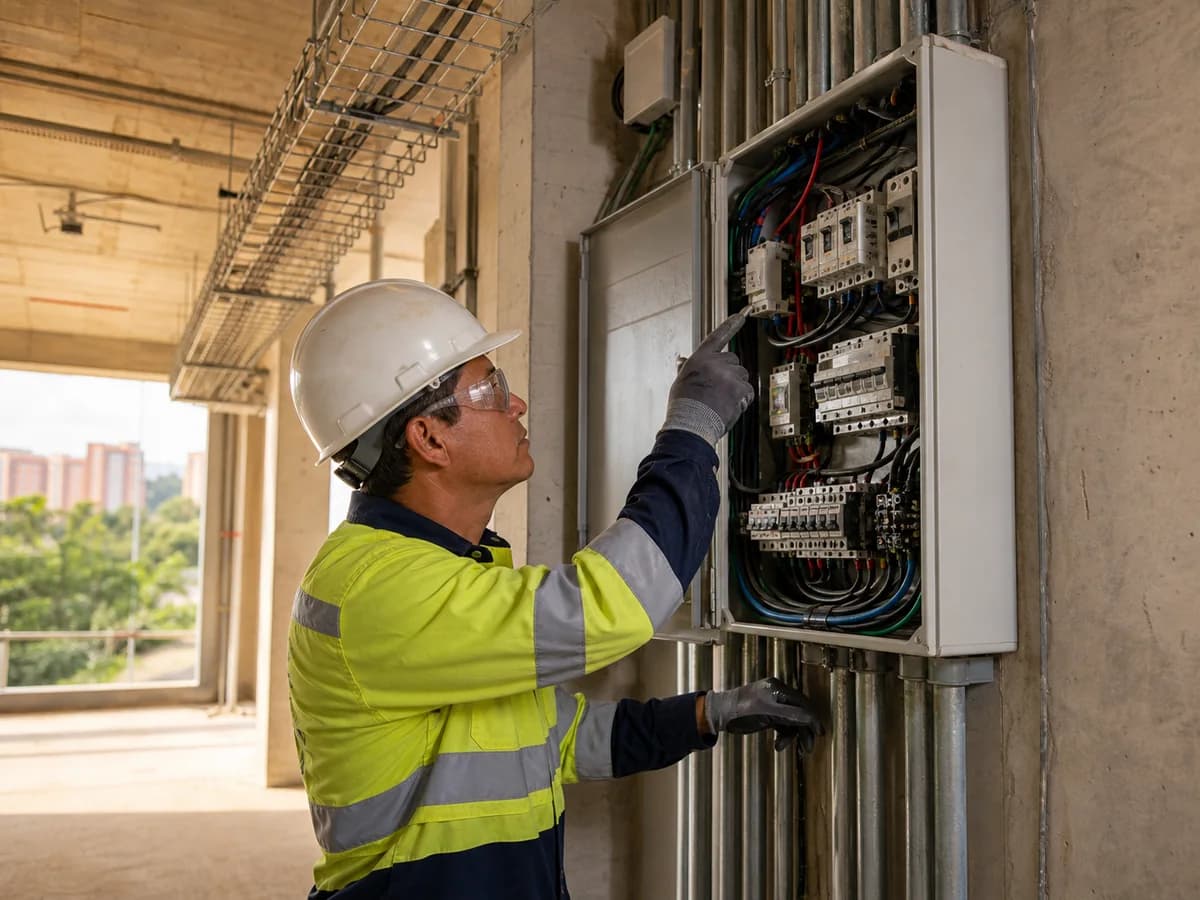 Técnico revisa instalaciones eléctricas durante la construcción de un espacio comercial.