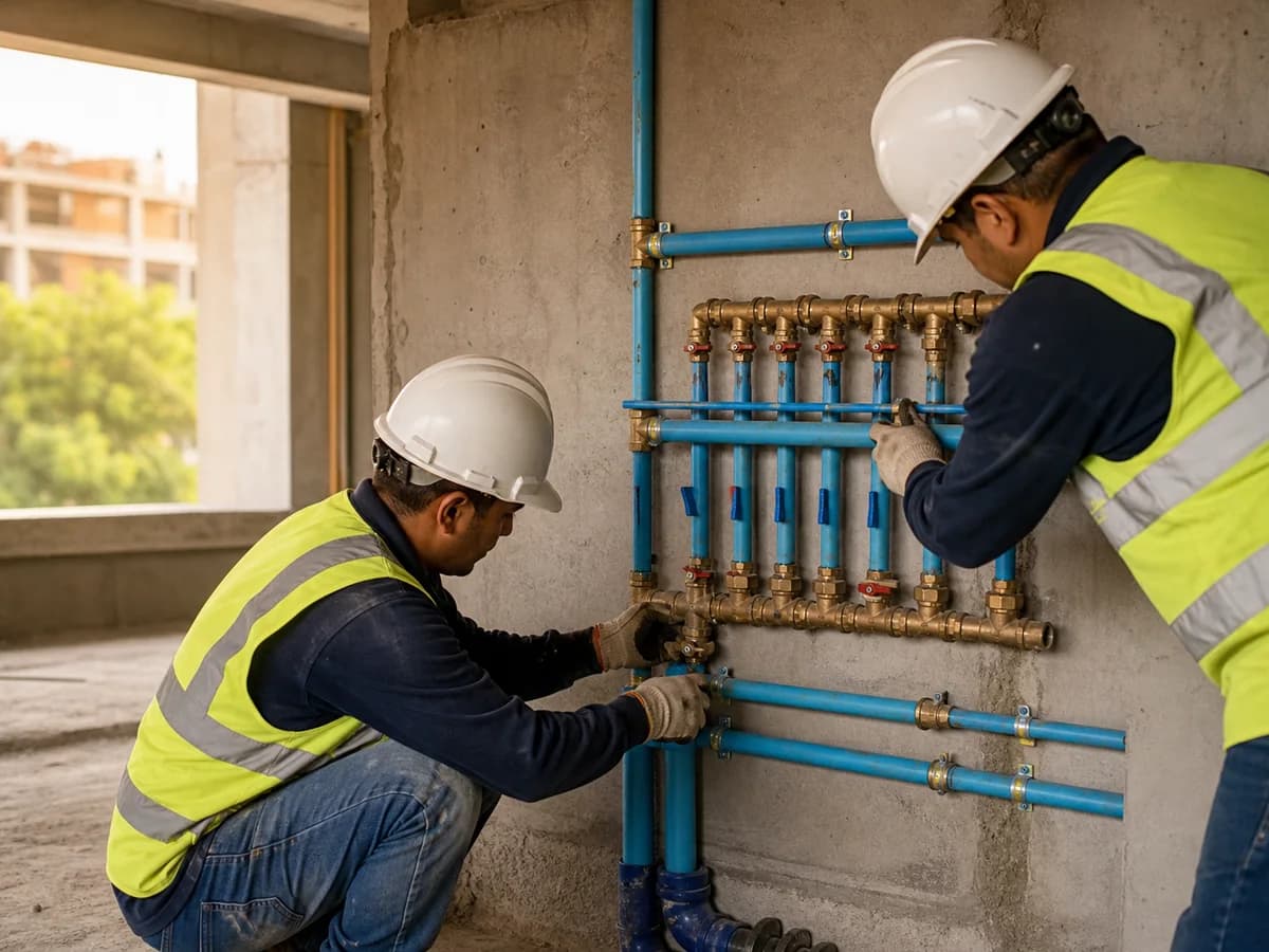 Equipo instala una red hidráulica en el cuarto técnico de una obra.