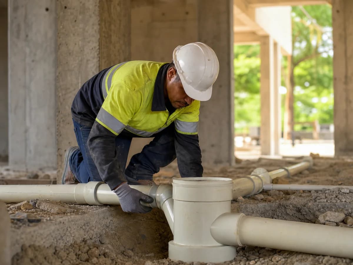 Profesional instala redes sanitarias en la planta baja de una obra.