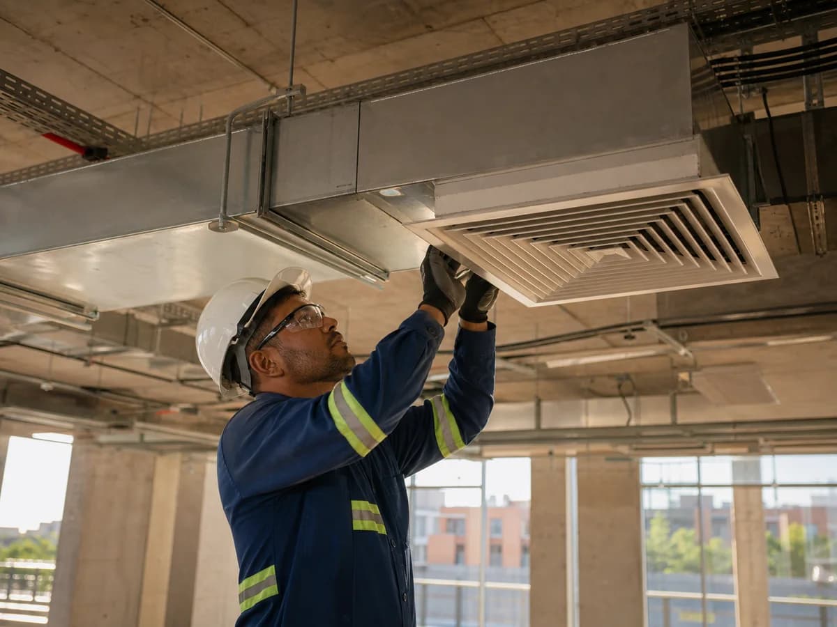 Instalador ajusta un sistema de ventilación en un edificio en construcción.
