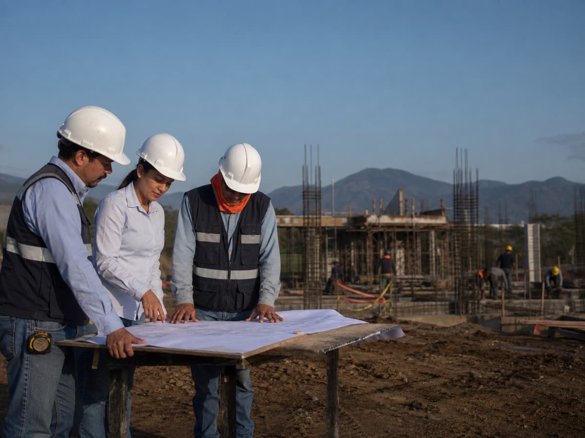 Equipo de ingeniería revisando planos en una obra.